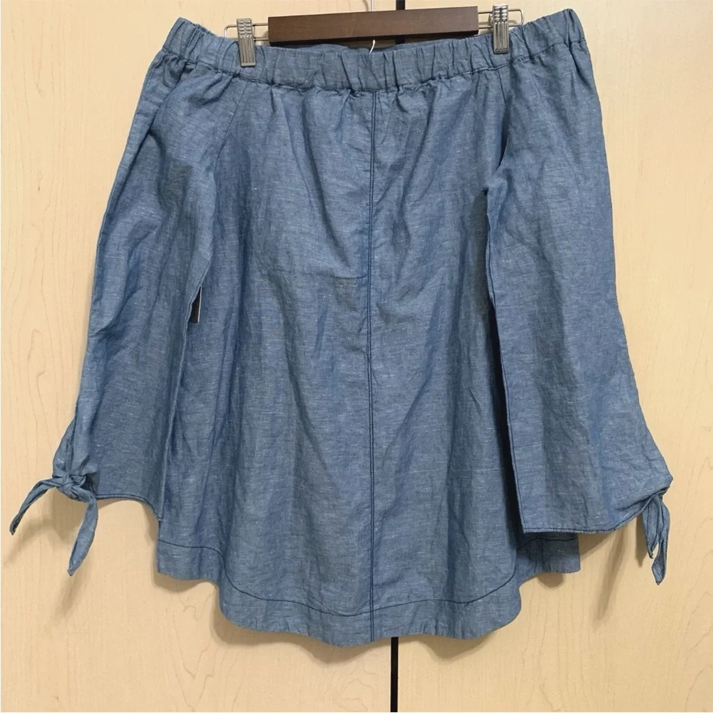NEW Free People Women's Off Shoulder Long Sleeve Chambray Linen Blend Top Blue S - Picture 2 of 16